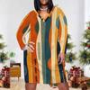 Women Plus Size Blue Pink Geometric Printed V Neck Long Sleeve Fitted Dress