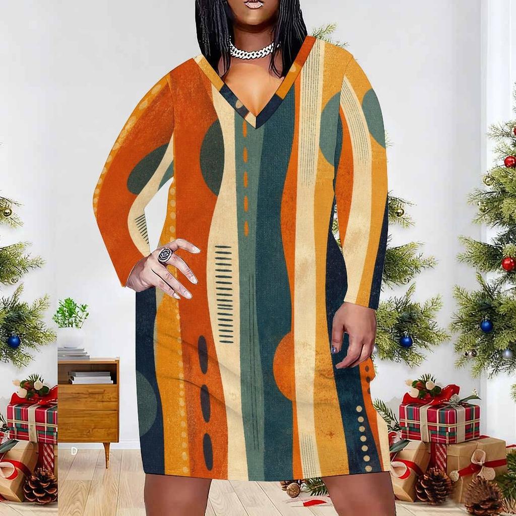 Women Plus Size Blue Pink Geometric Printed V Neck Long Sleeve Fitted Dress