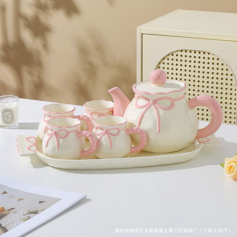 Bow Ceramic Water Cup Set Household Living Room Hospitality High Value Kettle Tea Cup Housewarming Wedding Gift