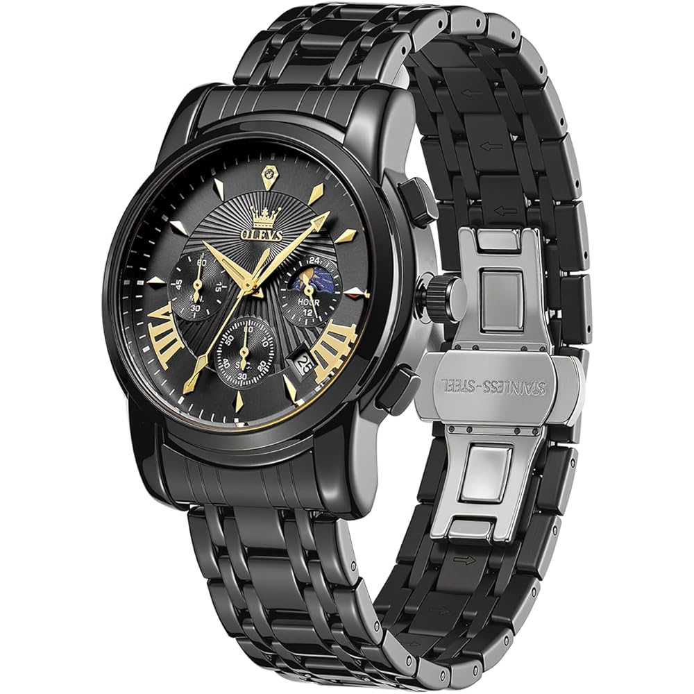 OLEVS Men's Chronograph Watch Black Analog Waterproof Quartz Business Style Large Display