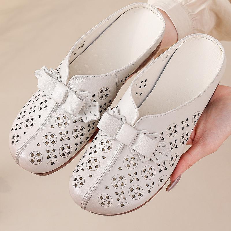 Damen Sommer Neu Echtes Leder Perforiert Vintage Flache Geschlossene Zehen Slipper - Outdoor Wear Atmungsaktiv Retro Design