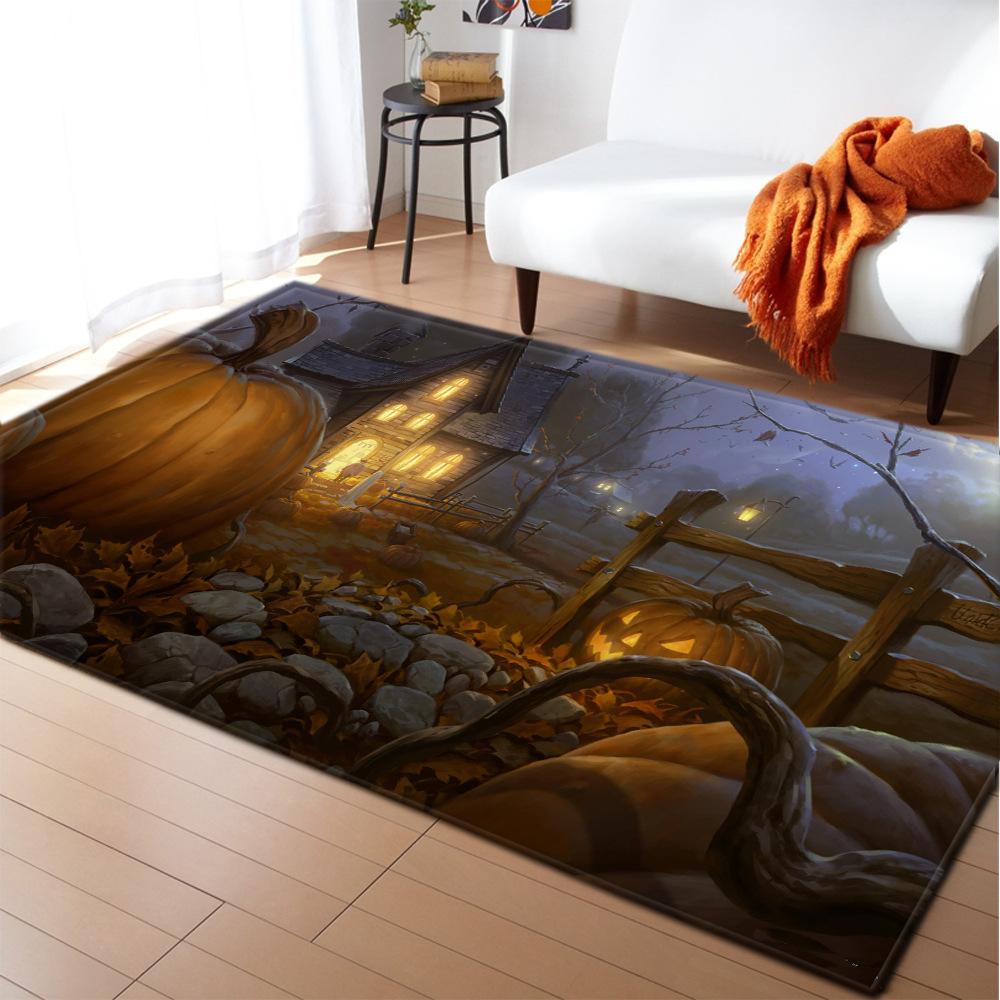 Halloween Cartoon Carpet Rug Mat – Living Room Bedroom Sofa Coffee Table Spooky Pumpkin Bat Castle Ghost Pattern Home Decoration