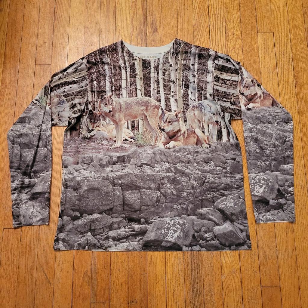 Get A Life XL Woodland Wolves All-over Print Long Sleeve Shirt Forest Pattern