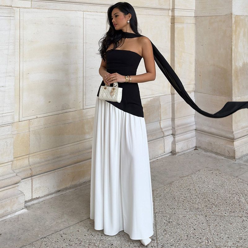 and American Cross-Border New Fashion Women's Clothing: Stylish and Elegant Strapless Slim-Fit Solid Color Slit Backless Dress with Elegant Ribbons