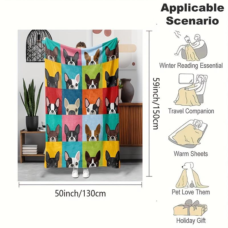 Boston Terrier Cute Dog Patchwork Print Art Blanket - Soft All-Season Multi-Purpose Throw for Couch, Bed, Office Dog Lovers Gift