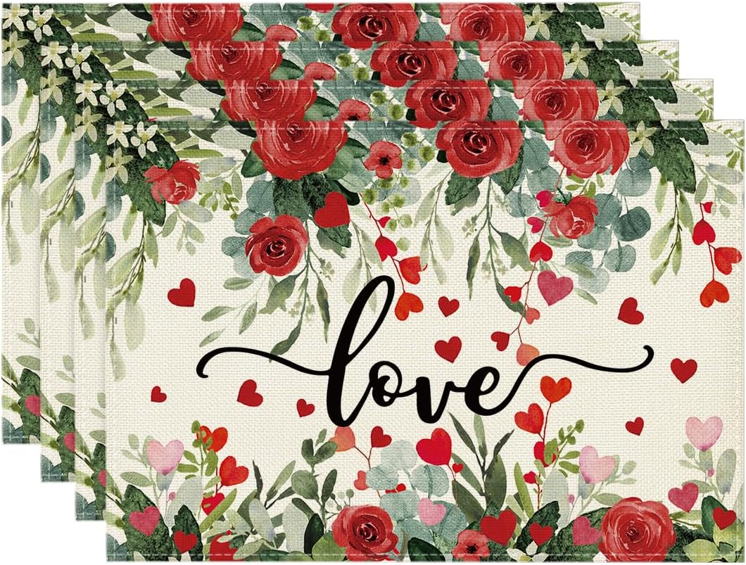 

Rose Hearts Love Valentine s Placemats Set of 4, 12x18 Inch Wedding Anniversary Spring Table Mats for Party Dining Decoration 4Pcs