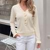 Soft and Pure Color Round-neck Sweater with V-shaped Collar and Pearl Button Decoration