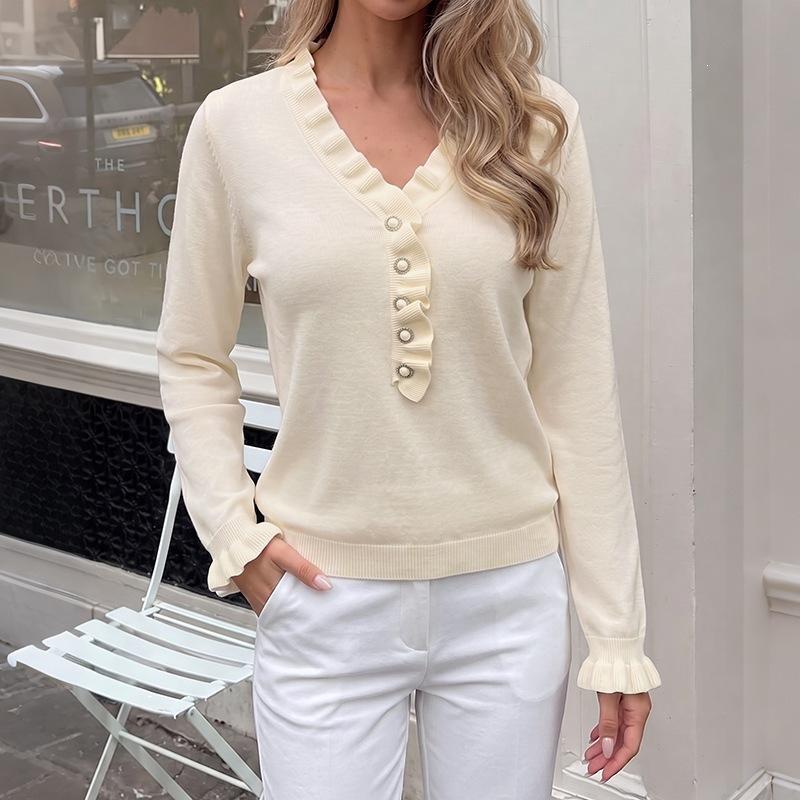 Soft and Pure Color Round-neck Sweater with V-shaped Collar and Pearl Button Decoration