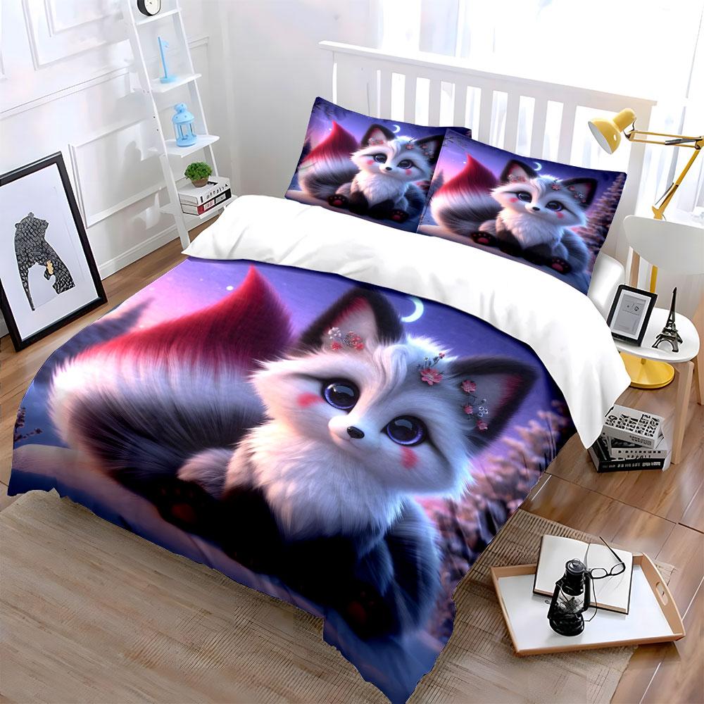 Cute Blue-Eyed Fox In Snowy Night Printed Duvet Cover Set1 Duvet Cover+2 Pillowcasemulti Size Bedroom Bedding Decor Luxury Gift