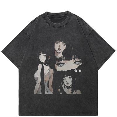 Streetwear, maglietta con grafica anime giapponese, maglietta nera lavata in cotone, unisex, maglietta estiva a maniche corte
