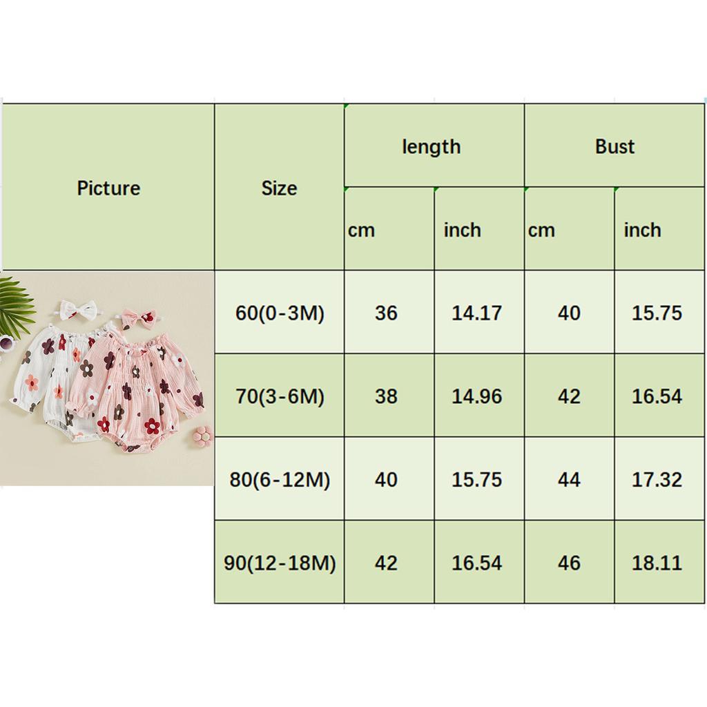 2-Piece Baby Girls Set Long Sleeve Floral Print Square Neck Smocked Ruffled Romper Bow Headband Adorable Outfits