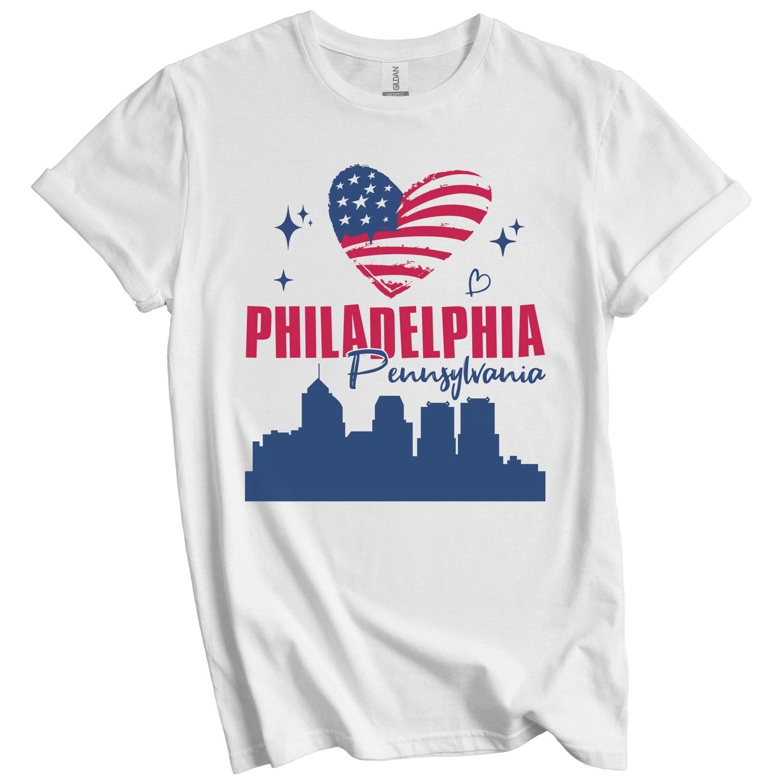 Philadelphia Pennsylvania Skyline American Flag Heart 4th of July T-Shirt 4XL
