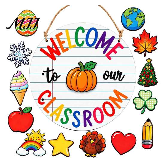 Yearly Seasonal Welcome Sign for Front Door Festive with 13 Interchangeable Accessories, Farmhouse Sign, Theme Decor Entryway Rustic Wooden