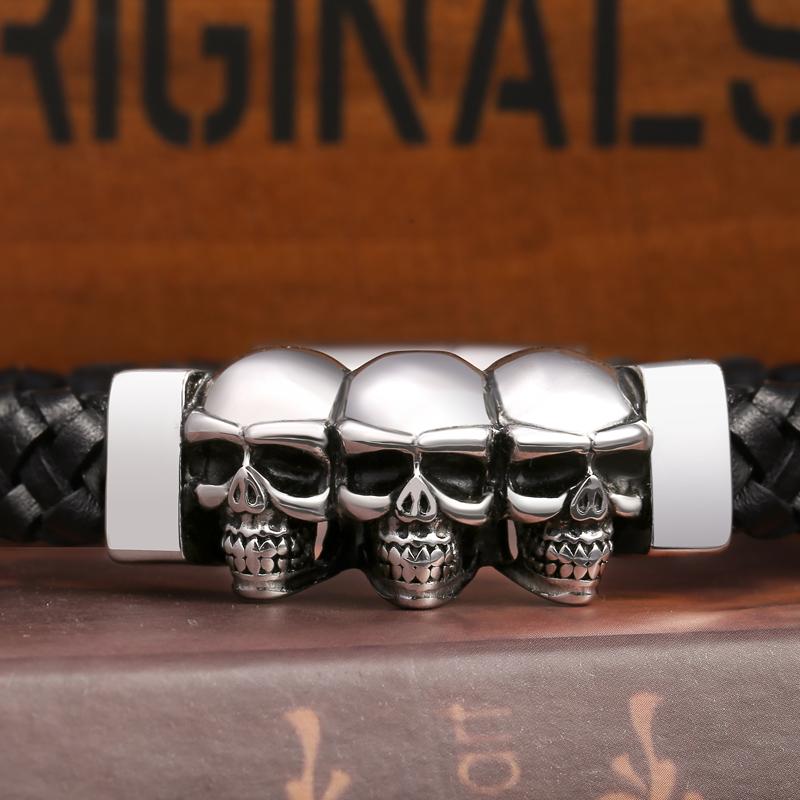 Stainless Steel Leather Bracelets & Bangles Double Black Layers Cowhide Braid Rope Gothic Skull Skeleton Men Jewelry 205mm