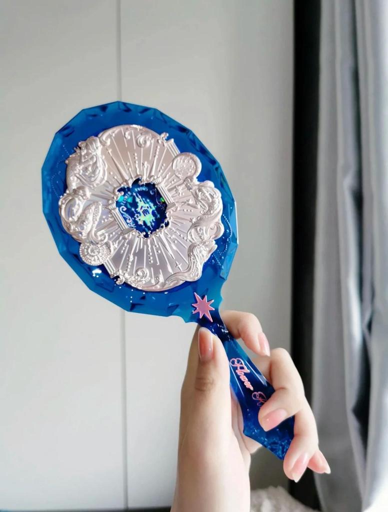 Flower Knows Moonlight Mermaid Exquisite Textured Crystal Hand Mirror Blue Pink Ladies Makeup Mirror