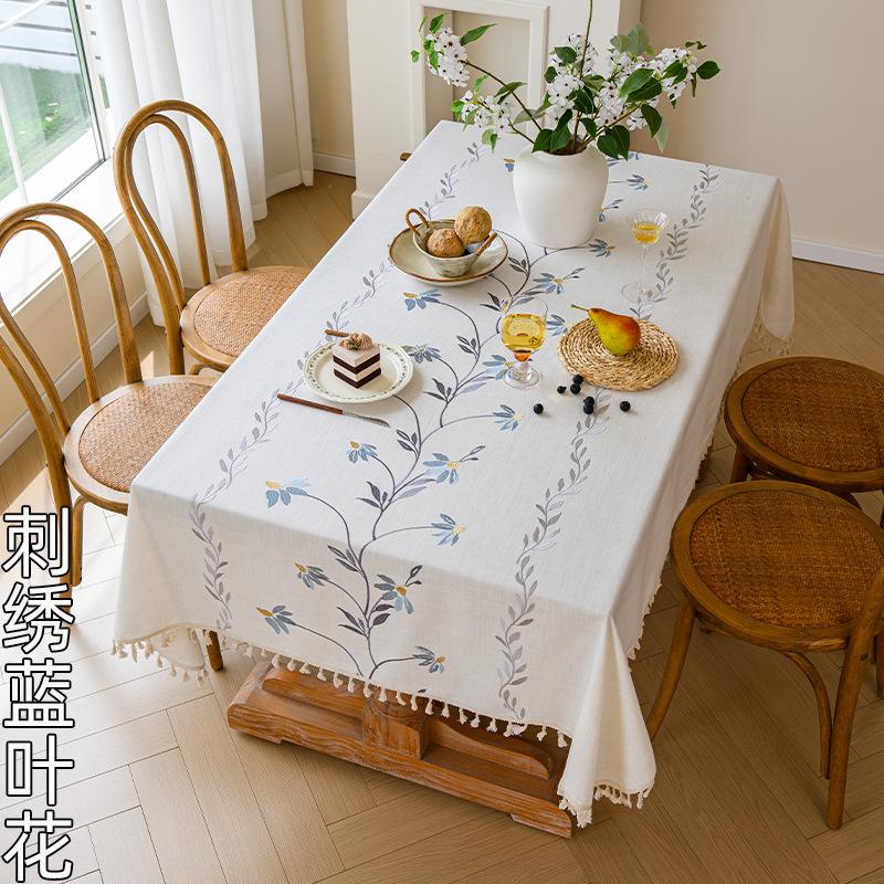 Embroidery Craft Rectangular Dining Table Cloth French Literary Simplicity Atmosphere Decorative Tassel