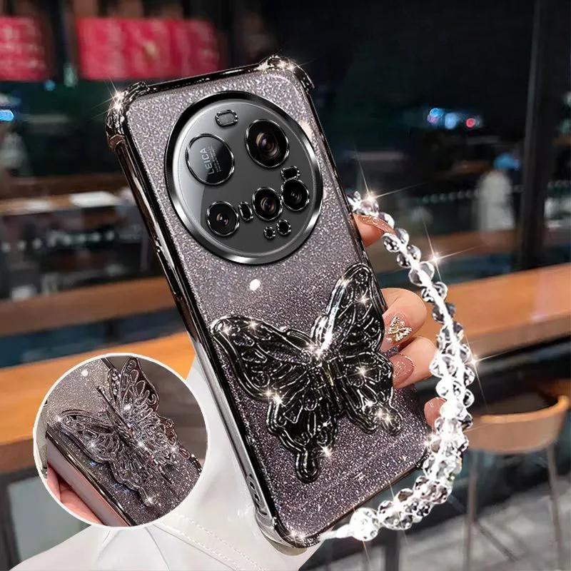 Shockproof Glitter Plating Case for Xiaomi 15 Ultra 14 14T 13 12 11 Pro Lite 3D Butterfly Phone Holder Bead bracelet Back Cover