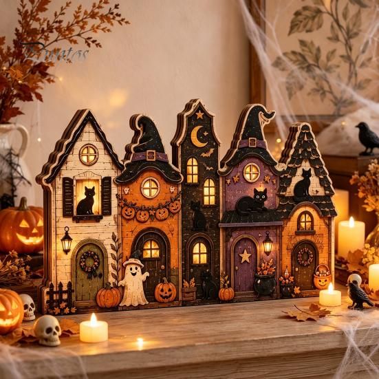 Small Wooden Village Set Halloween Retro Haunted Tabletop Decor, Fall Farmhouse Witch Autumn Theme Interior Ornaments House Ornament, Ghost