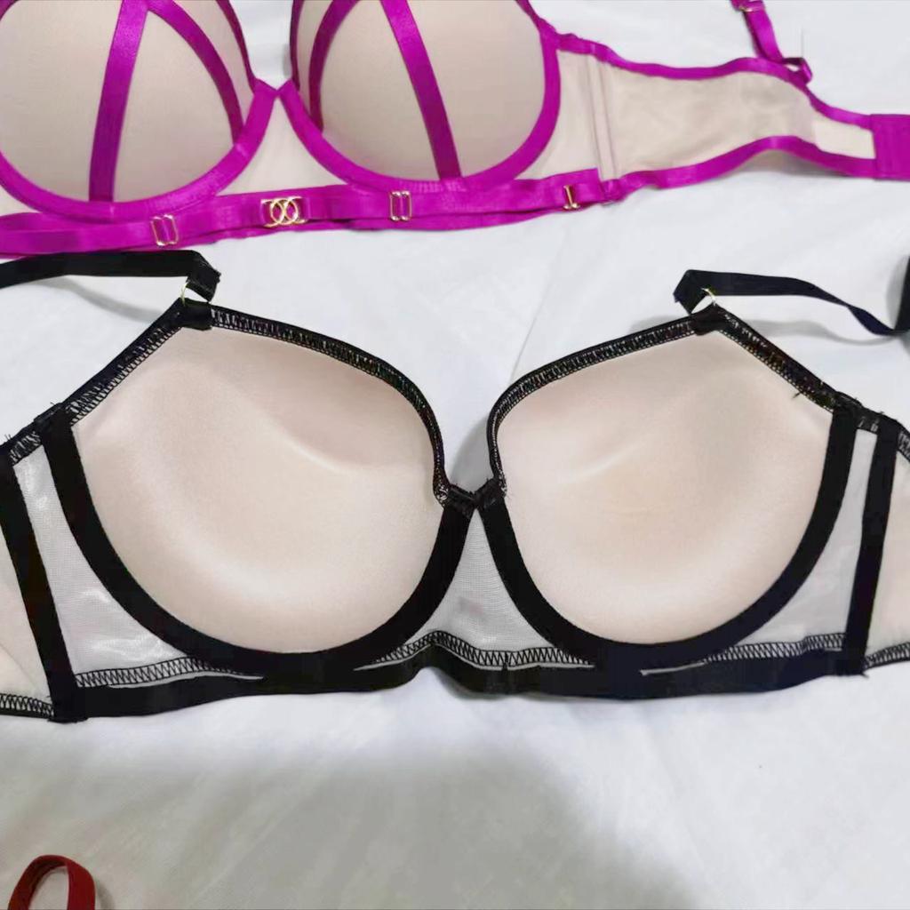 Damen-Set mit Riemchen-BH und Höschen in Farbblock-Optik, geraffter Push-Up-Unterwäsche-Set mit kleinen Körbchen, sexy Dessous-Set