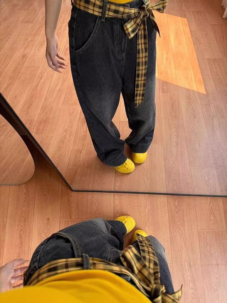 Petite Spicy Girl Retro Yellow Plaid Wide-Leg Patchwork Jeans