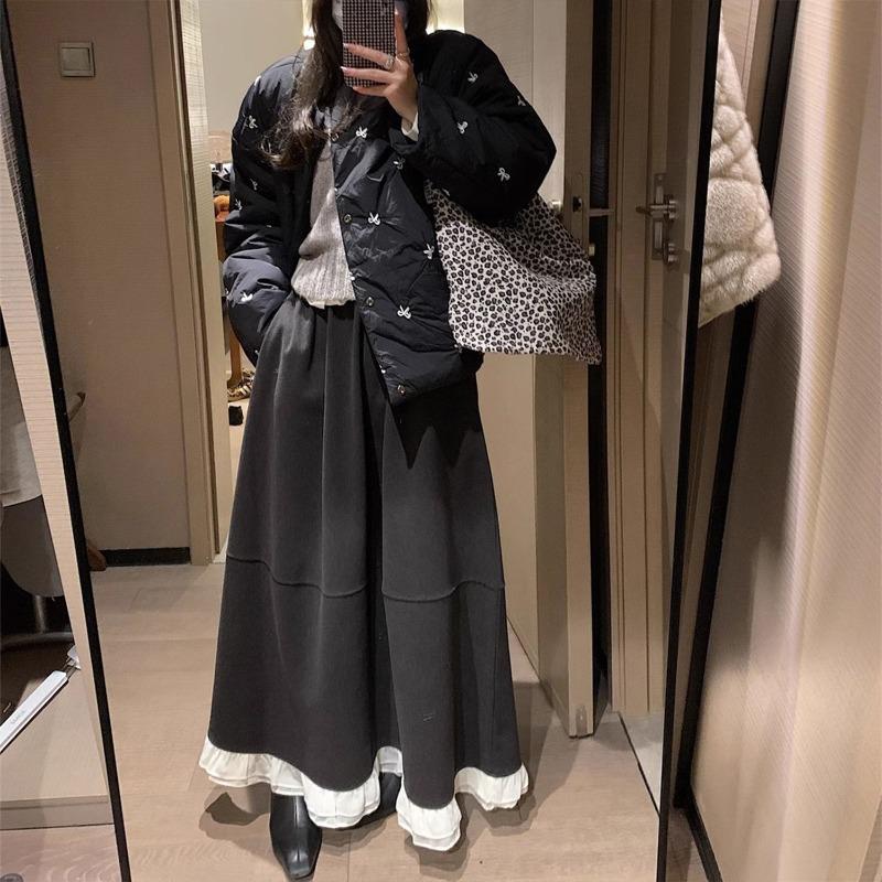 

Корейская молодежная серая юбка А-силуэта с высокой талией, кружевной отделкой и контрастным цветом, приталенная расклешенная шерстяная юбка средней длины XL серый