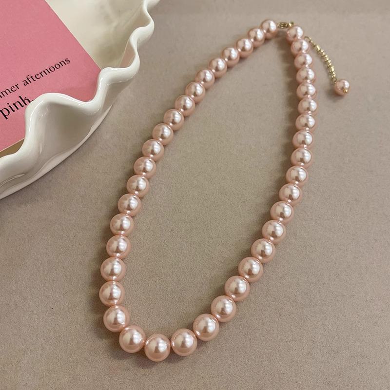 Pink & Gray Glass Pearl Necklace Autumn Winter Style for Women Sweater Chain with Air Texture Pearl Neck Chain