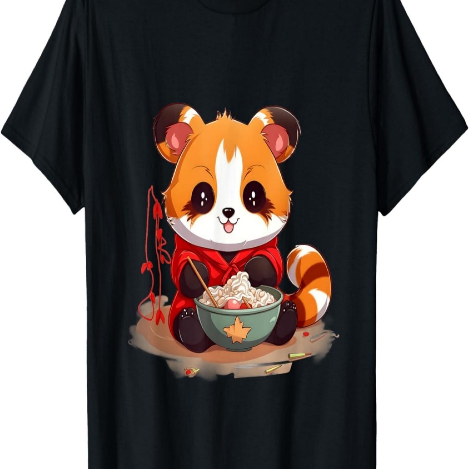 

Отаку Аниме Красная Панда Ест Рамен Вишня Футболка(80) S чёрный
