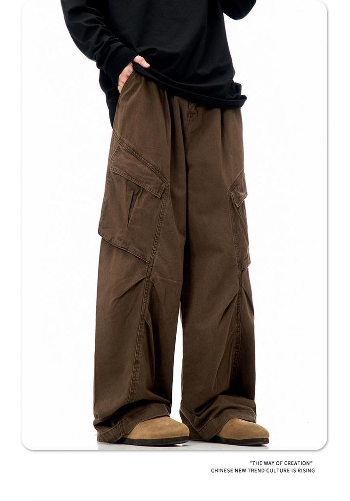11KN Unisex Retro Wide Leg Work Pants with 3D Pockets - Pleated, Loose, Slimming, Casual, Long Fit
