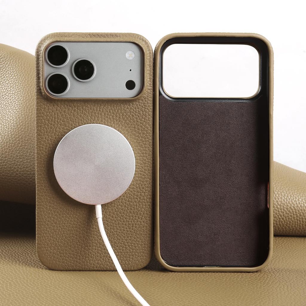 Litchi Genuine Leather Case for IPhone 17 Pro Max 18Pro 16 15 14 13 12 for Magsafe Luxury Genuine Leather Handmade Phone Cover