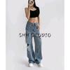 Spring and Summer New Women's Clothing Ins Casual All-Matching Fashion High Waist Loose Hole Wide Leg Mop Denim Pants