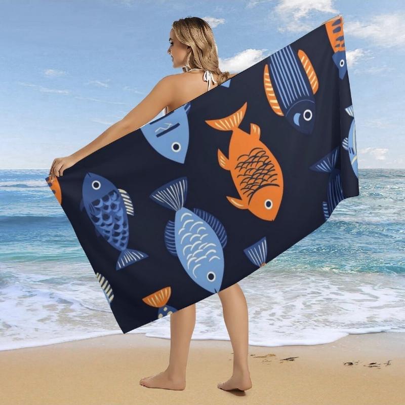 

Extra Large Quick-Dry Beach Towel - Super Absorbent Bath, Pool,Gym Towel Lightweight & Compact - Navy Blue with Orange/Blue Fish W40*H60(CM)
