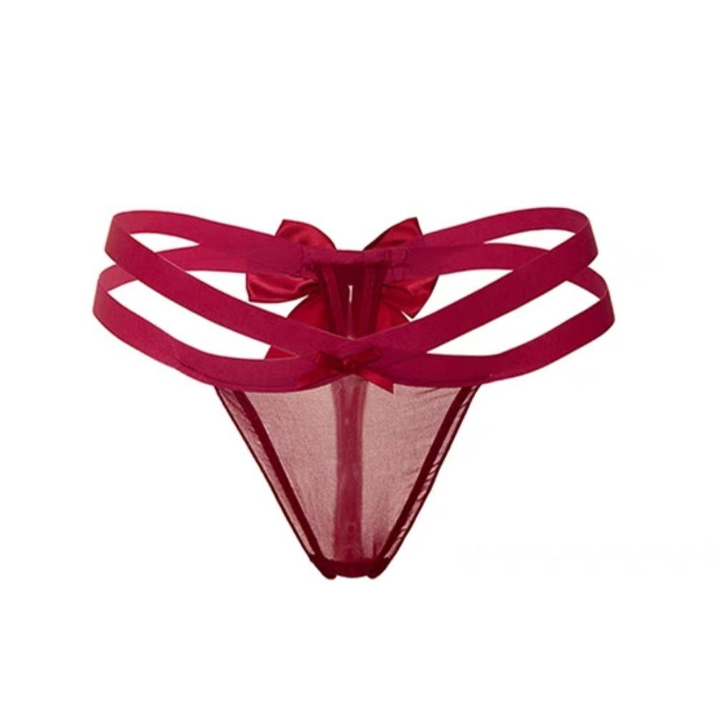 Delicate Bow Briefs Low Waist Sheer Mesh Panties Sweet Cross Strappy Thong  Valentine's Day