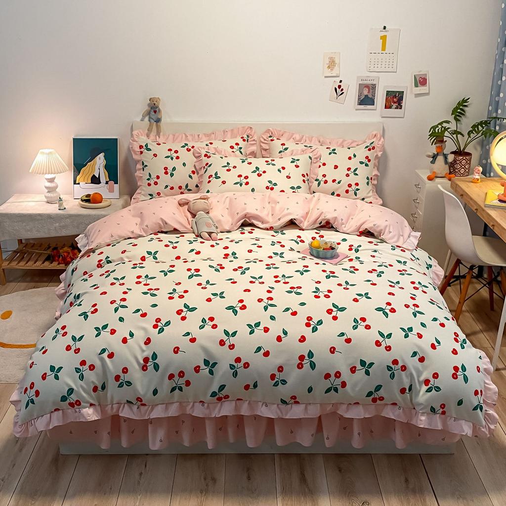 Korean Style Bed Skirt Four-piece Set Pure Cotton Edge Bed Sheet Thickened Plant Cashmere Brushed Skin-friendly Bedding