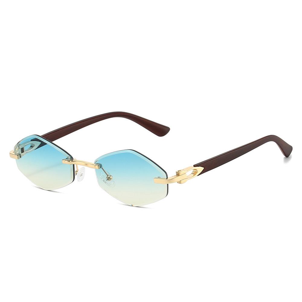 New frameless trimmed sunglasses, European and American retro small frame sunglasses, wood grain legs, trendy street glasses