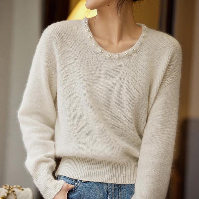 Women's 100% Pure Wool Sweater - Ribbed Design with Flower Bead Embellishments and Round Neck