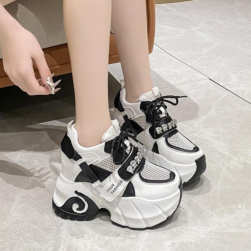Fashion New 2025 Women Hollow Mesh Sneakers Summer Chunky Platform Crystal Shoes Synthetic Patchwork Wide Toe Ladies Sandal 10CM