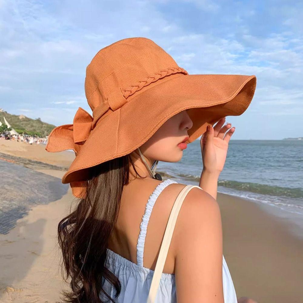 Fashion Bow Bucket Hat Wide Brim Polyester Beach Hat UV Protection Windproof Fisherman Hat Outdoor