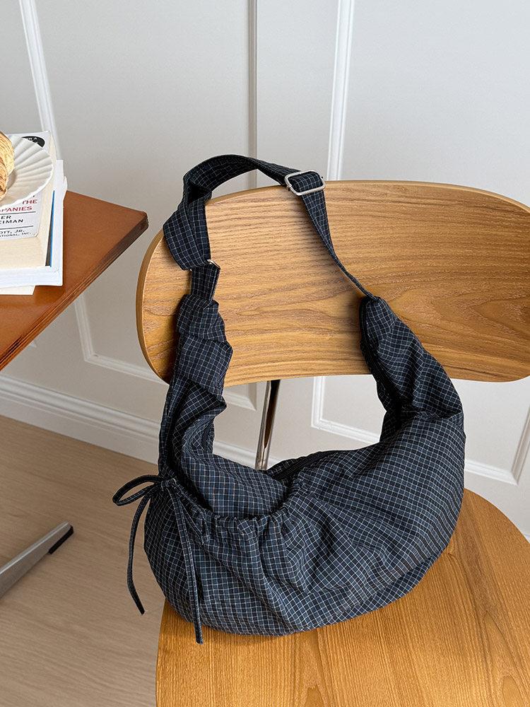 Checked Drawstring Bowknot Nyl Women's Shoulder Bags Casual Large Capacity Ladies Crossbody Bag Versatile Female Dumpling Bag