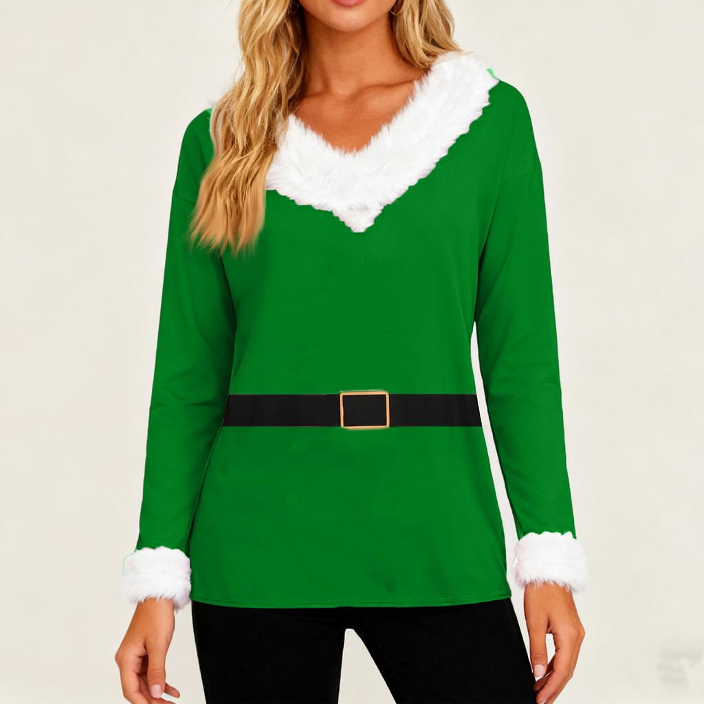Ladies' Fashionable And Casual Christmas Printed Plush V-neck Long Sleeved Shirt