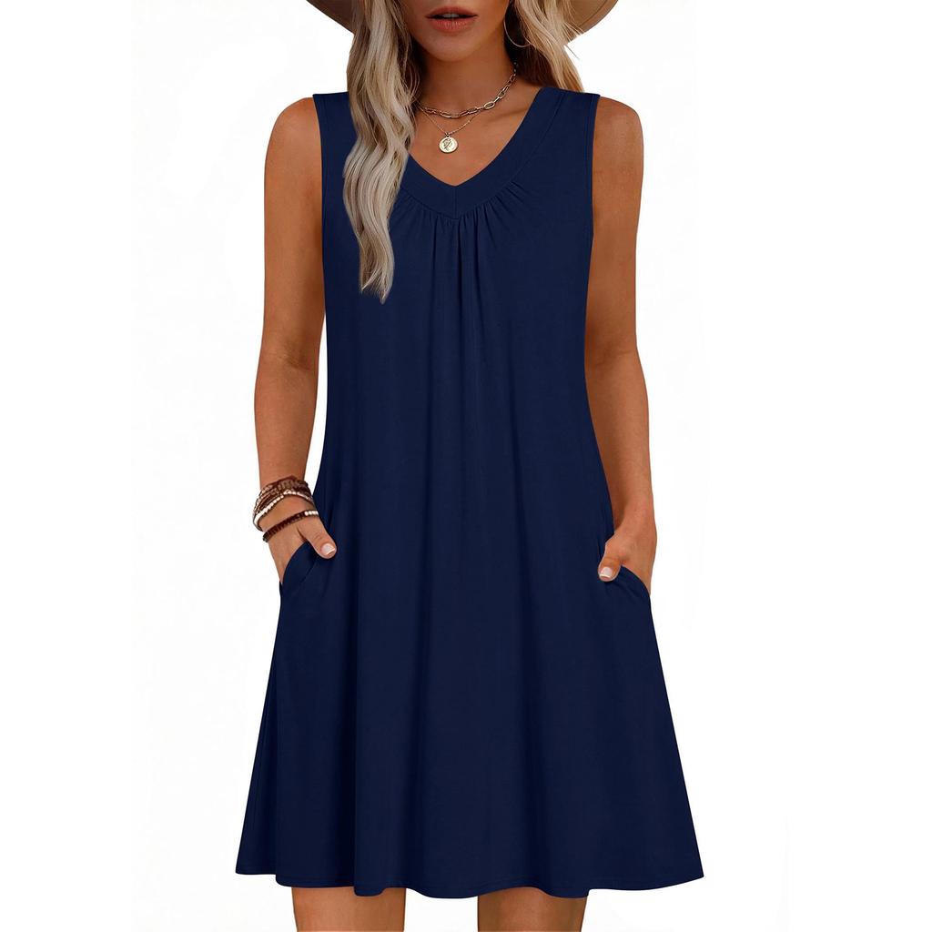 Women's Fashion Color Summer Sleeveless V-neck Vest Pocket Casual Loose Dress