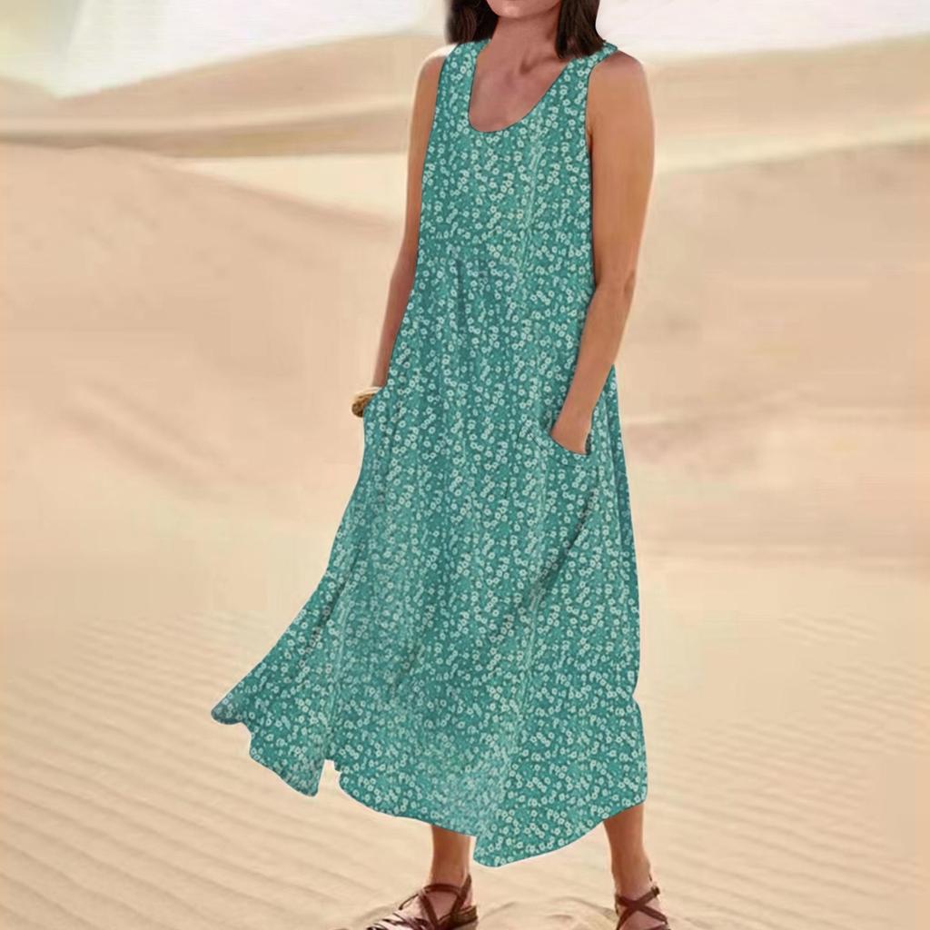 Women's Summer Round Neck Printed Sleeveless Large Swing Dress With Pockets