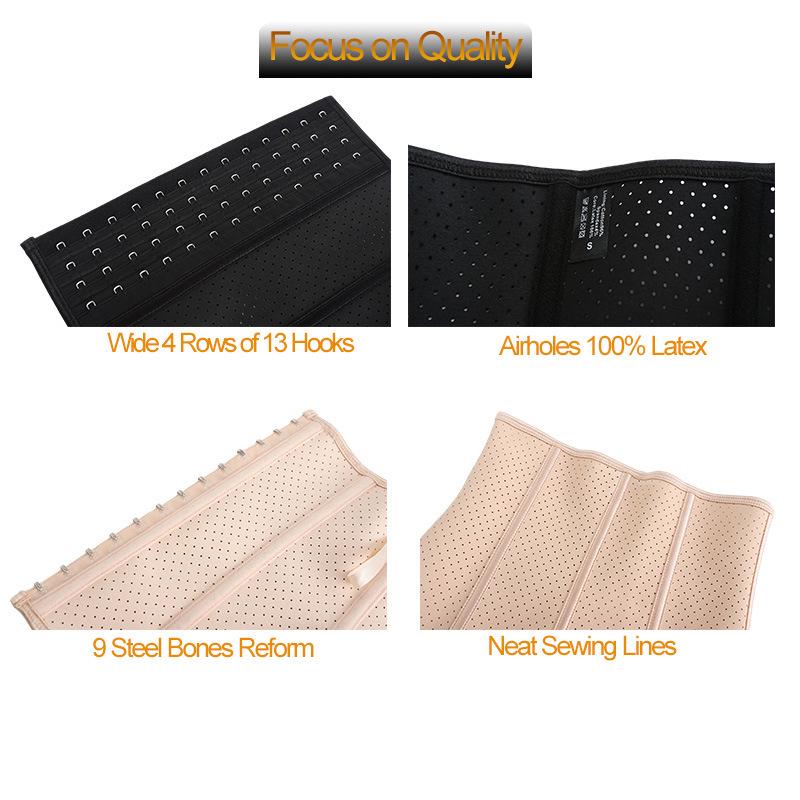Latex Waist Trainer: 9 Steel Bones, Breathable Postpartum Tummy Binder, Strong Control Corset with 4 Rows of 13 Hooks