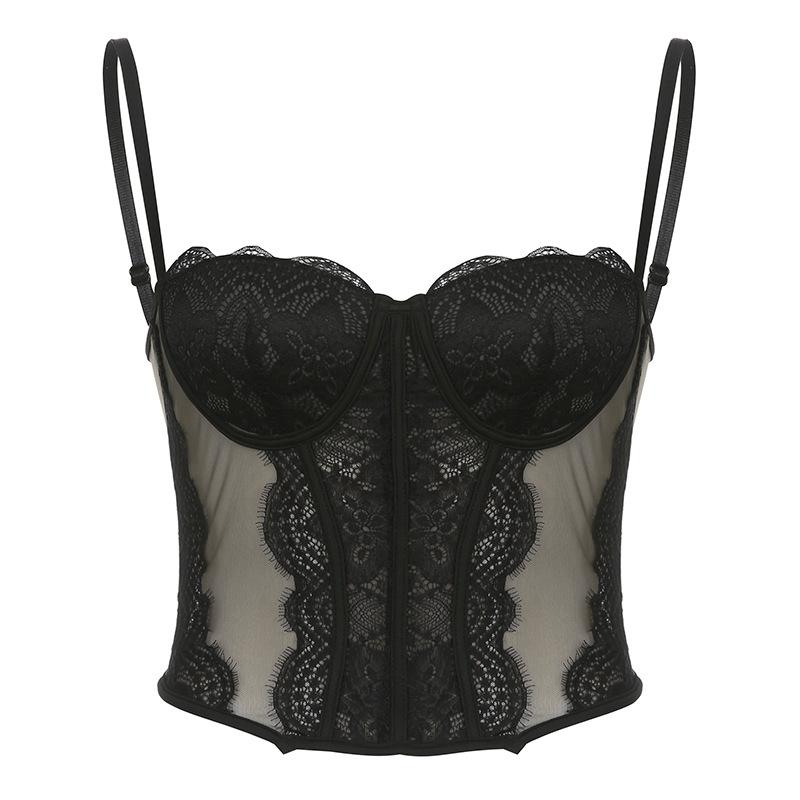 

Женский кружевной сетчатый тонкий тонкий жилет из рыбьей кости с открытой ключицей и накладкой на грудь, перспективные топы на подтяжках L чёрный