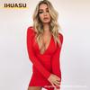 Women's Fashion Summer Spring Solid Color Print Long Sleeve V-Neck Casual Dresses