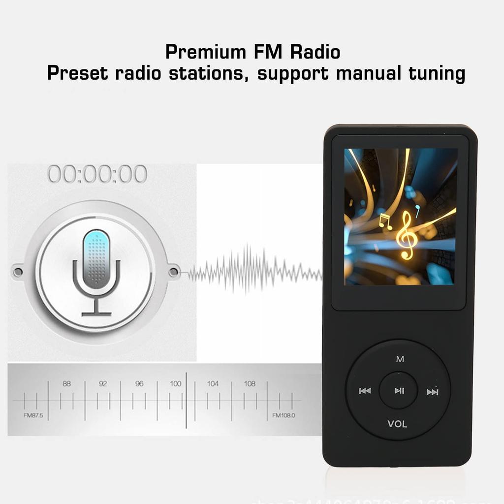 MP3-Player, 8 GB Tragbarer MP3/MP4-Player mit FM-Radio, Diktiergerät, E-Book, HiFi Lossless Sound, 30 Stunden Wiedergabezeit (Schwarz)