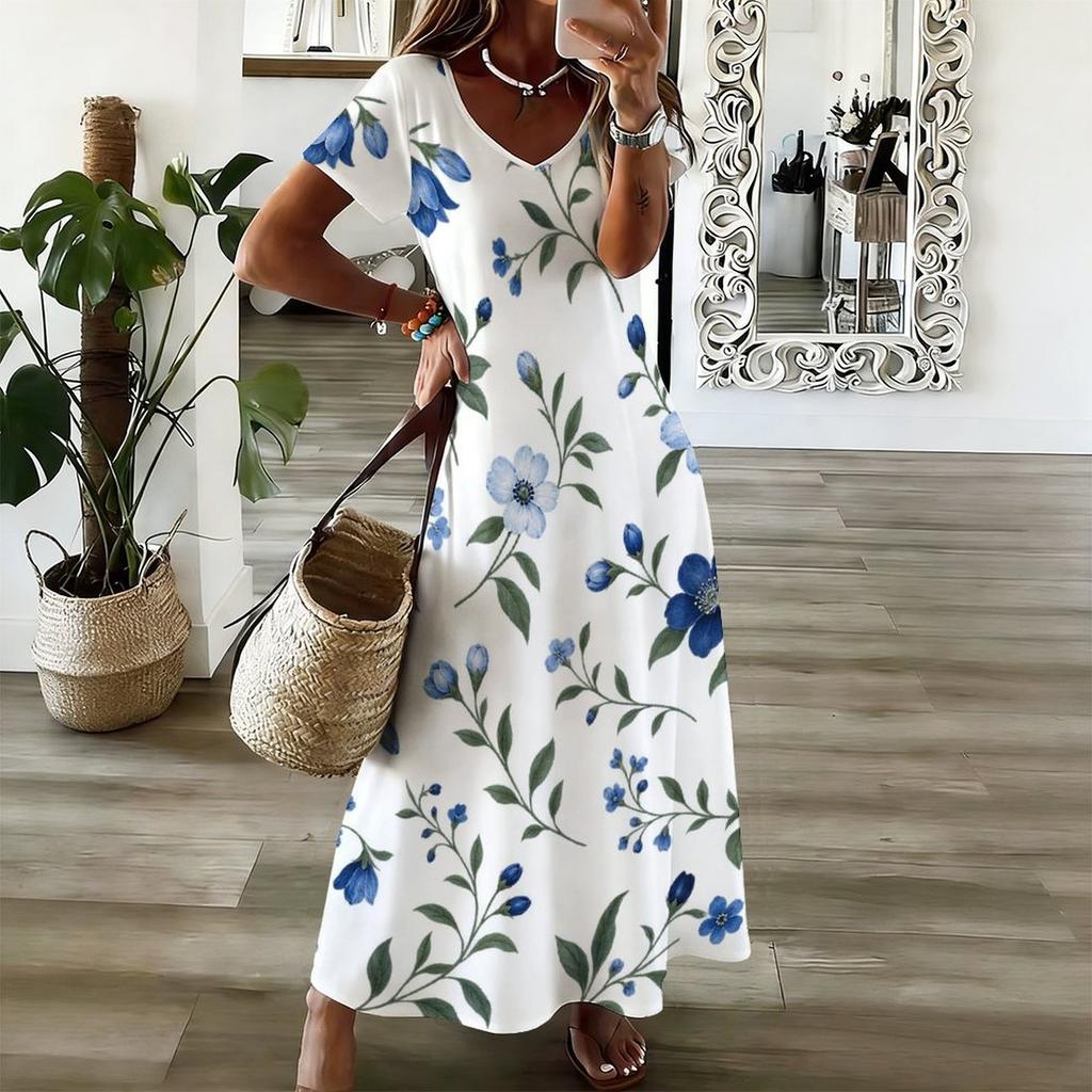 Women Plus Size V Neck Short Sleeve Floral Printed White Maxi Dress