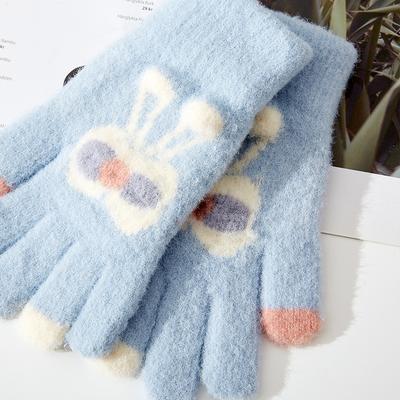 5-12 Years Old~middle and Older Children's Winter Warm Gloves for Girls Knitted Five-finger Three-dimensional Bunny Cartoon Cute Students