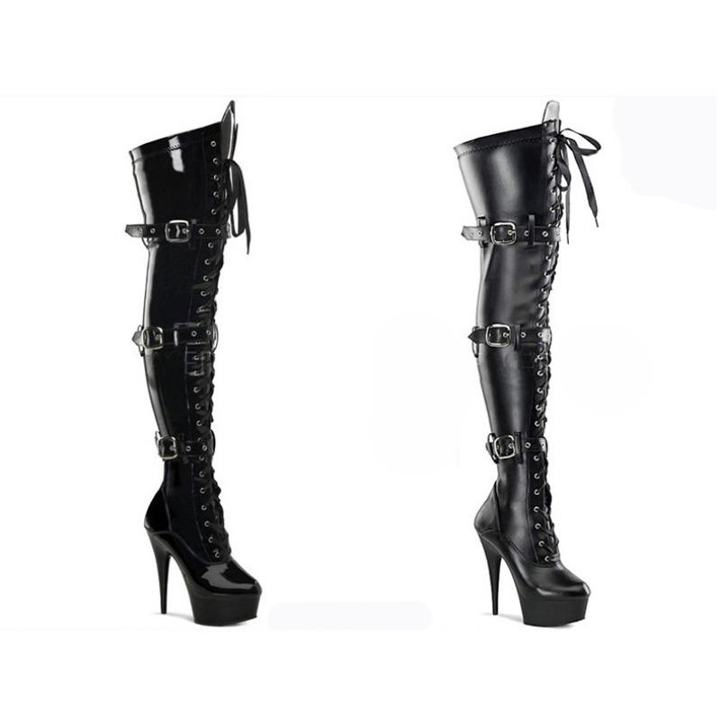 Sexy elastische Stiefel Nacht Schnürung Gürtelschnalle Kniestiefel 15cm Stahlrohr Tanz Lederstiefel YKC