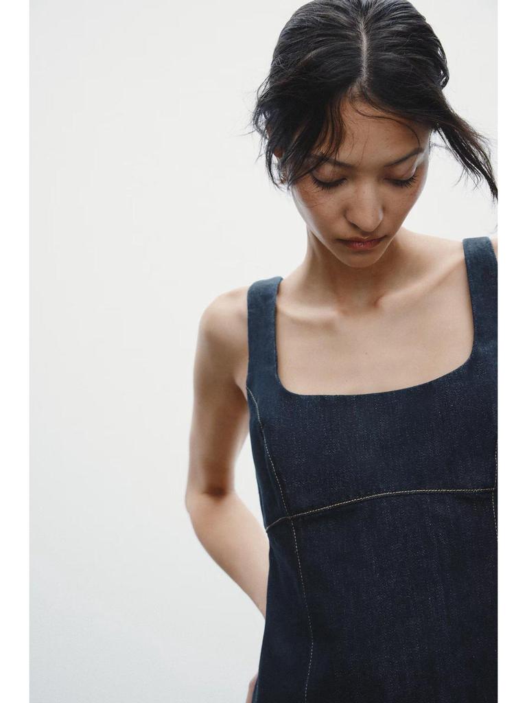 2025 Spring Women's Square Neck Wide Strap Denim Dress