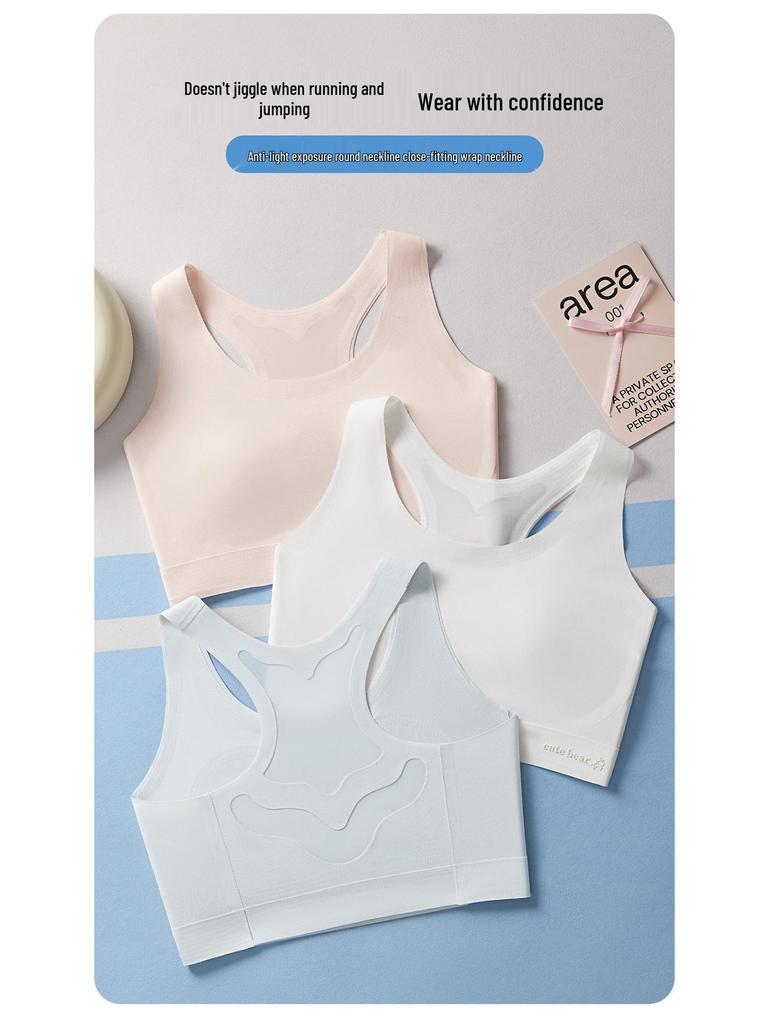 Breathable Seamless Training Vest Bra for Girls, Fixed Cups, Ice Silk, Thin Student Style